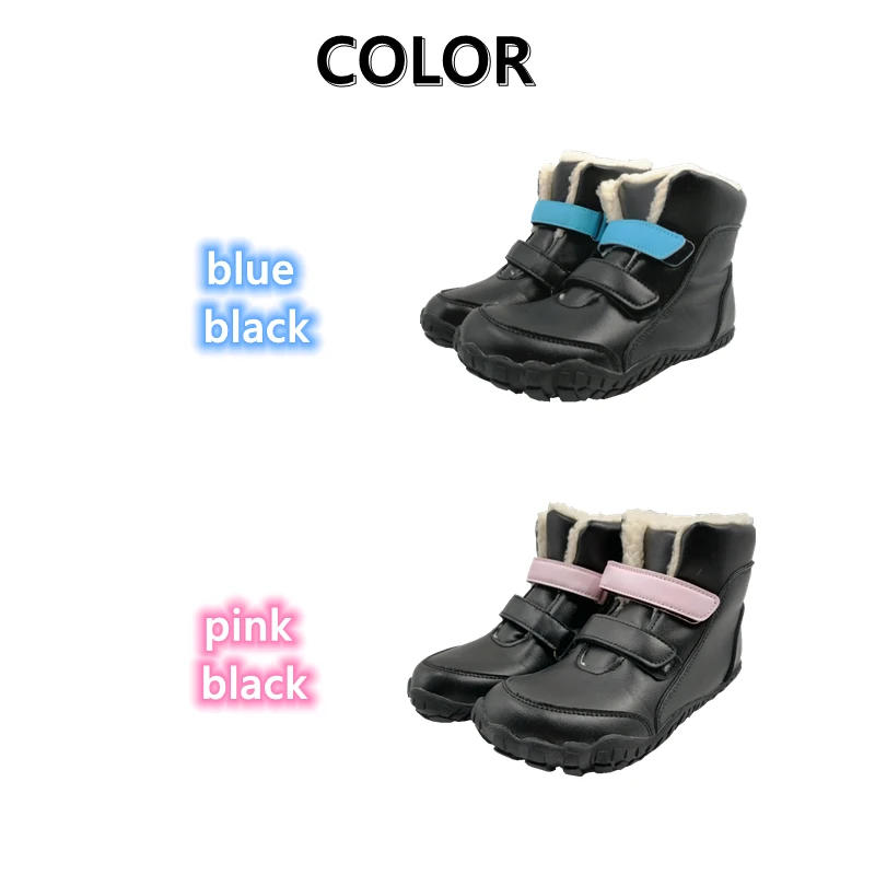 ZZFABER kids shoes Children Barefoot Winter Boots Soft Leather Plush Snow boots for girls Boys Kids Flexible Warm Boots Outdoor
