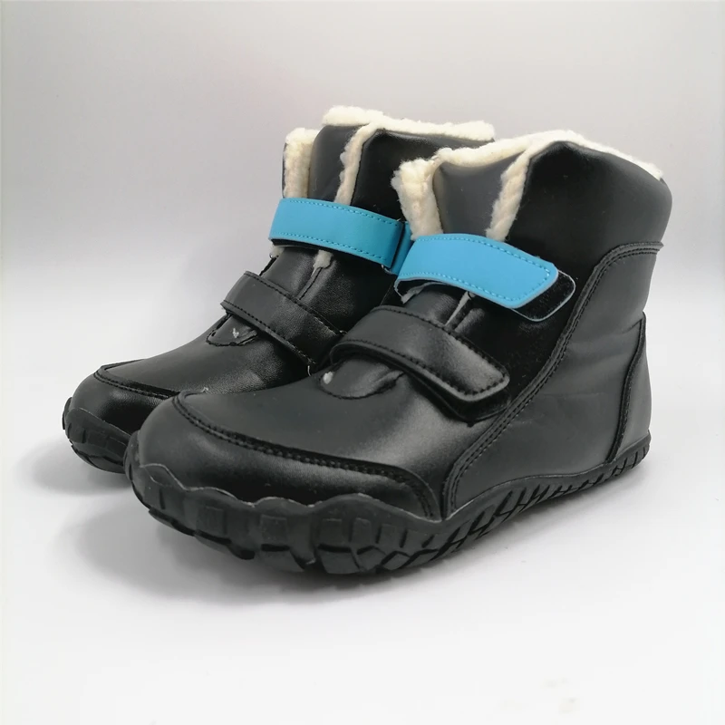 ZZFABER kids shoes Children Barefoot Winter Boots Soft Leather Plush Snow boots for girls Boys Kids Flexible Warm Boots Outdoor