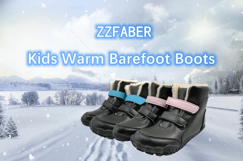 ZZFABER kids shoes Children Barefoot Winter Boots Soft Leather Plush Snow boots for girls Boys Kids Flexible Warm Boots Outdoor