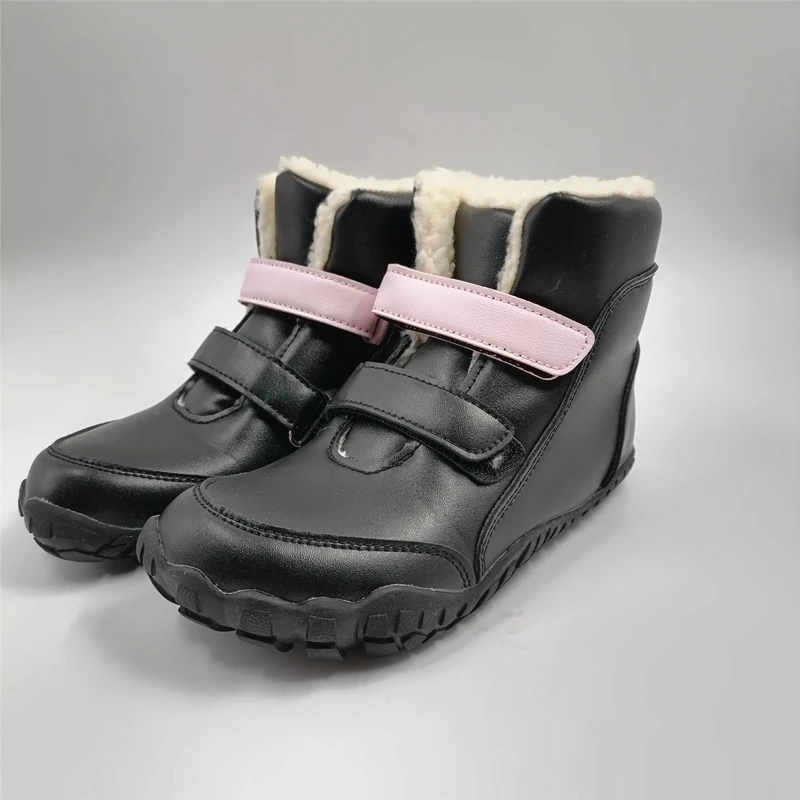 ZZFABER kids shoes Children Barefoot Winter Boots Soft Leather Plush Snow boots for girls Boys Kids Flexible Warm Boots Outdoor
