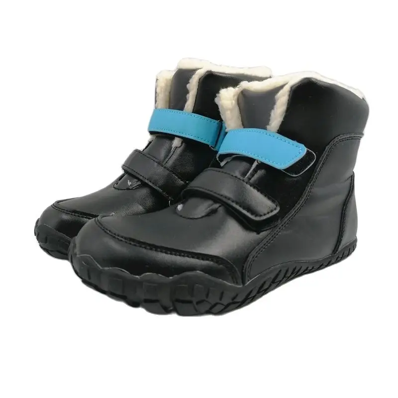 ZZFABER kids shoes Children Barefoot Winter Boots Soft Leather Plush Snow boots for girls Boys Kids Flexible Warm Boots Outdoor