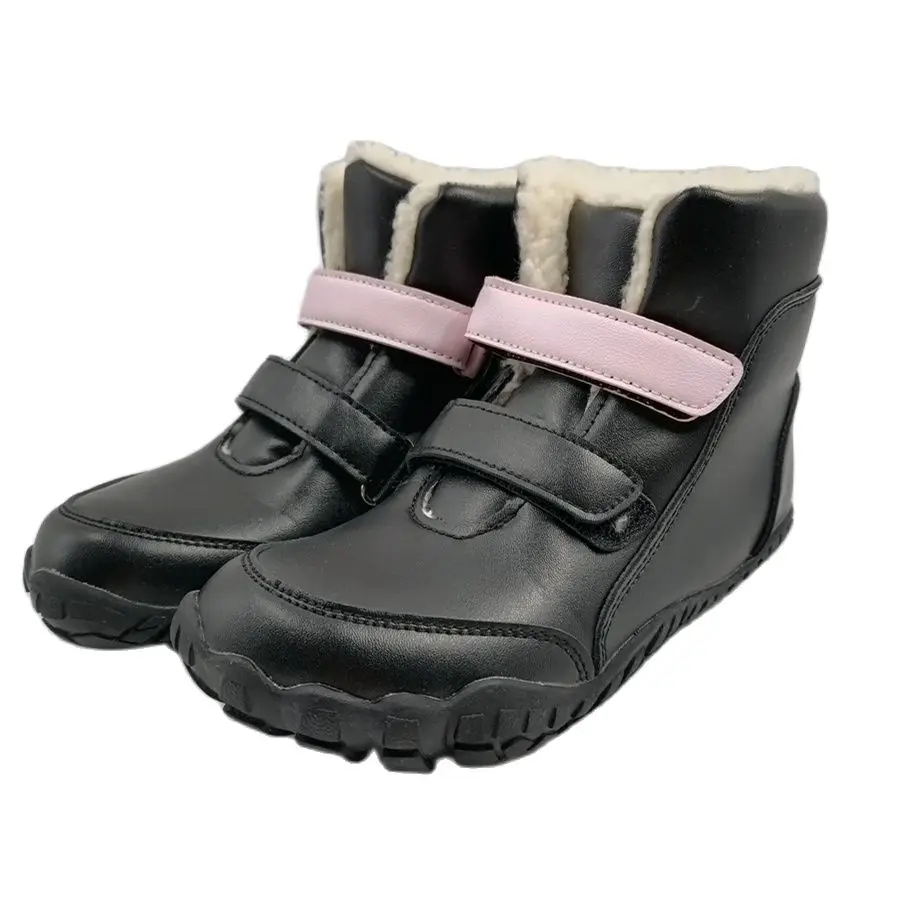 ZZFABER kids shoes Children Barefoot Winter Boots Soft Leather Plush Snow boots for girls Boys Kids Flexible Warm Boots Outdoor