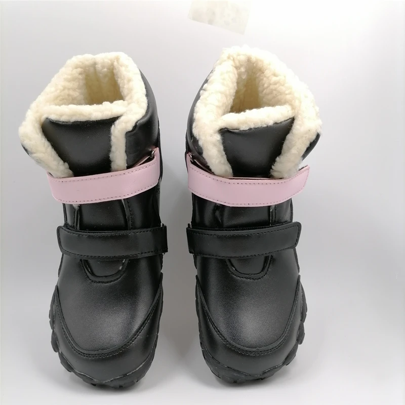 ZZFABER kids shoes Children Barefoot Winter Boots Soft Leather Plush Snow boots for girls Boys Kids Flexible Warm Boots Outdoor