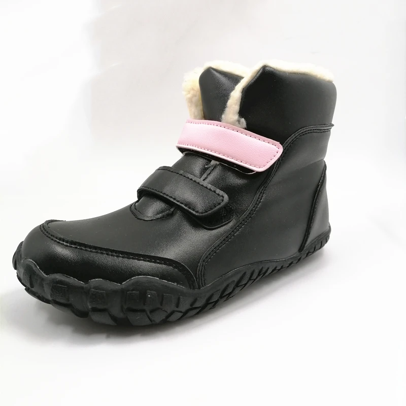ZZFABER kids shoes Children Barefoot Winter Boots Soft Leather Plush Snow boots for girls Boys Kids Flexible Warm Boots Outdoor