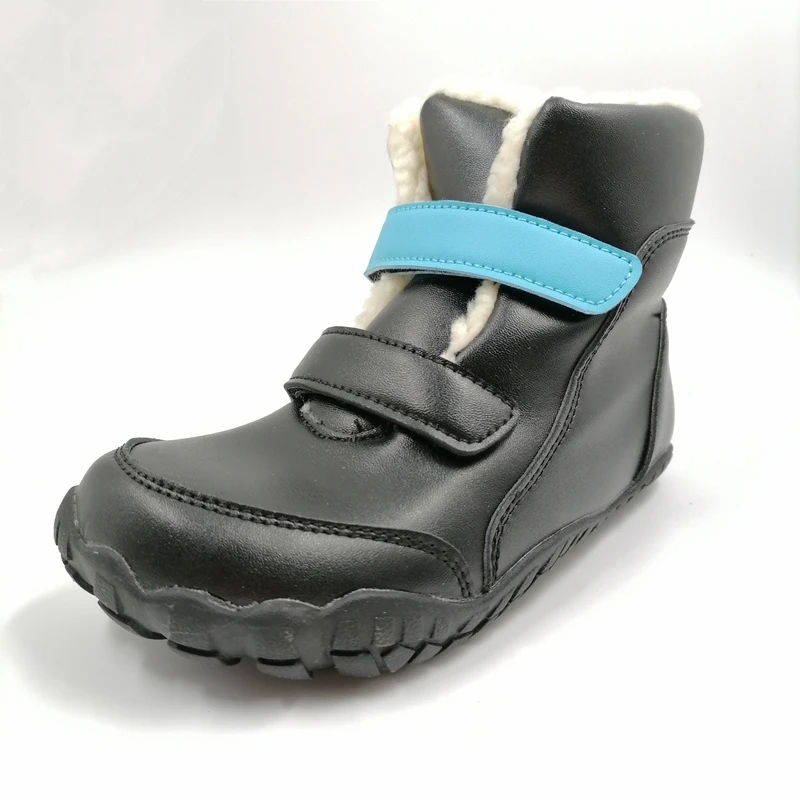 ZZFABER kids shoes Children Barefoot Winter Boots Soft Leather Plush Snow boots for girls Boys Kids Flexible Warm Boots Outdoor