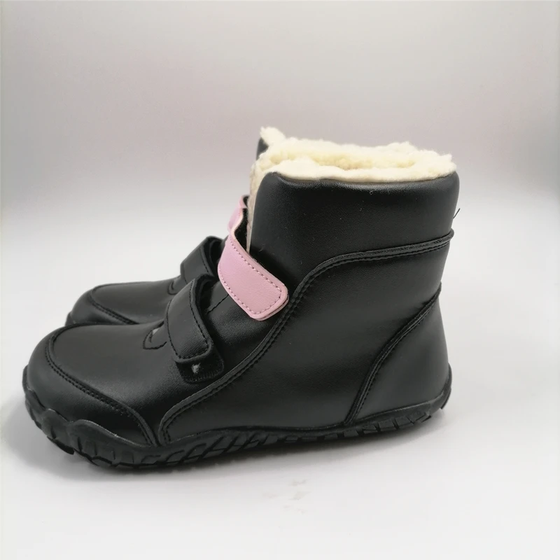 ZZFABER kids shoes Children Barefoot Winter Boots Soft Leather Plush Snow boots for girls Boys Kids Flexible Warm Boots Outdoor