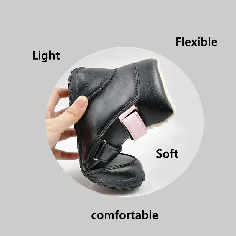 ZZFABER kids shoes Children Barefoot Winter Boots Soft Leather Plush Snow boots for girls Boys Kids Flexible Warm Boots Outdoor