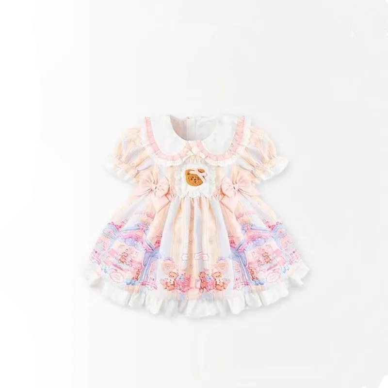2023 Baby Girls Lolita Summer Dress Cute Bear Bow Birthday Princess Dresses Fashion Kids Children Clothes Tutu Vestidos