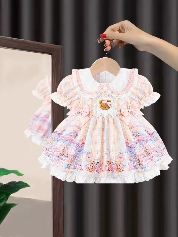 2023 Baby Girls Lolita Summer Dress Cute Bear Bow Birthday Princess Dresses Fashion Kids Children Clothes Tutu Vestidos