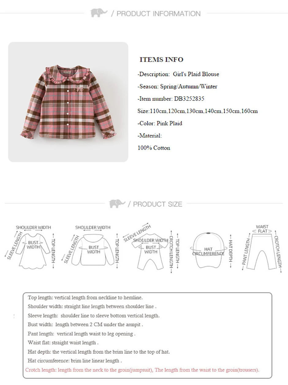 Dave Bella Children's Plaid Autumn Spring Shirt Girls Casual Outdoor Long Sleeve Blouse Tops Formal Party Clothes DK3253679