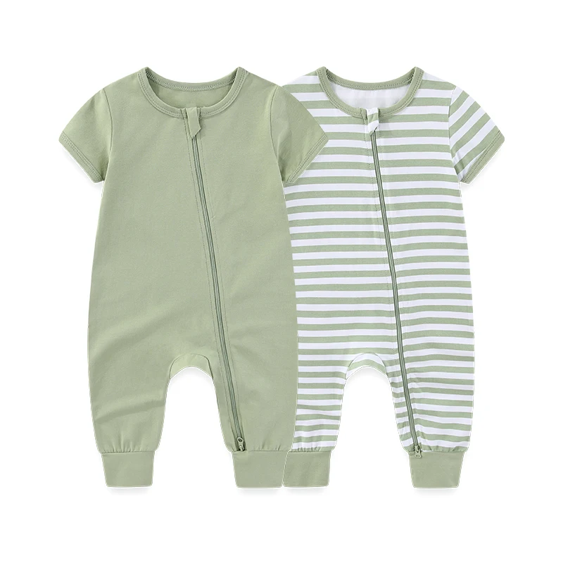 Kiddiezoom 2 Pcs/Lot Unisex Solid Short Sleeve Zipper Baby Boy Girl Romper Cotton Soft Newborn Jumpsuits Clothing