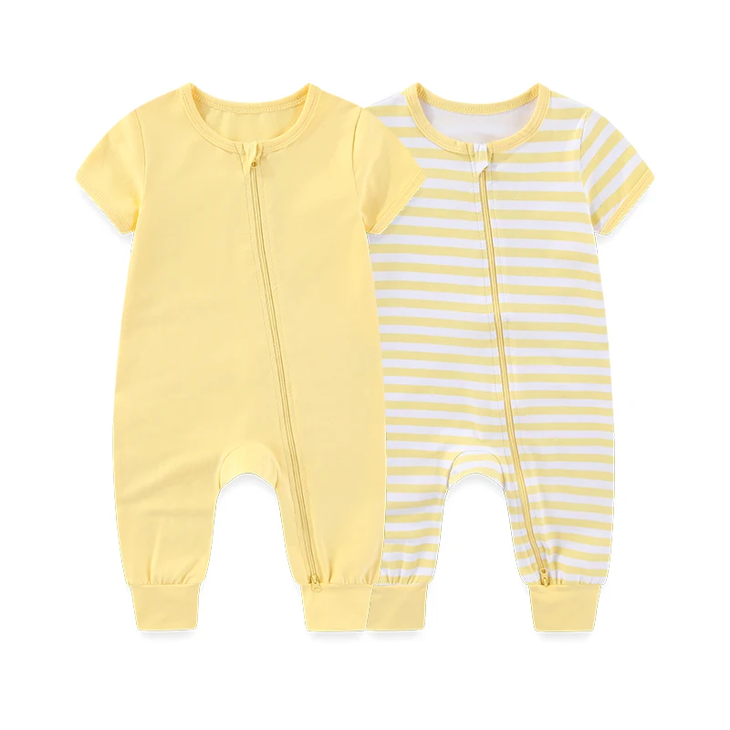 Kiddiezoom 2 Pcs/Lot Unisex Solid Short Sleeve Zipper Baby Boy Girl Romper Cotton Soft Newborn Jumpsuits Clothing