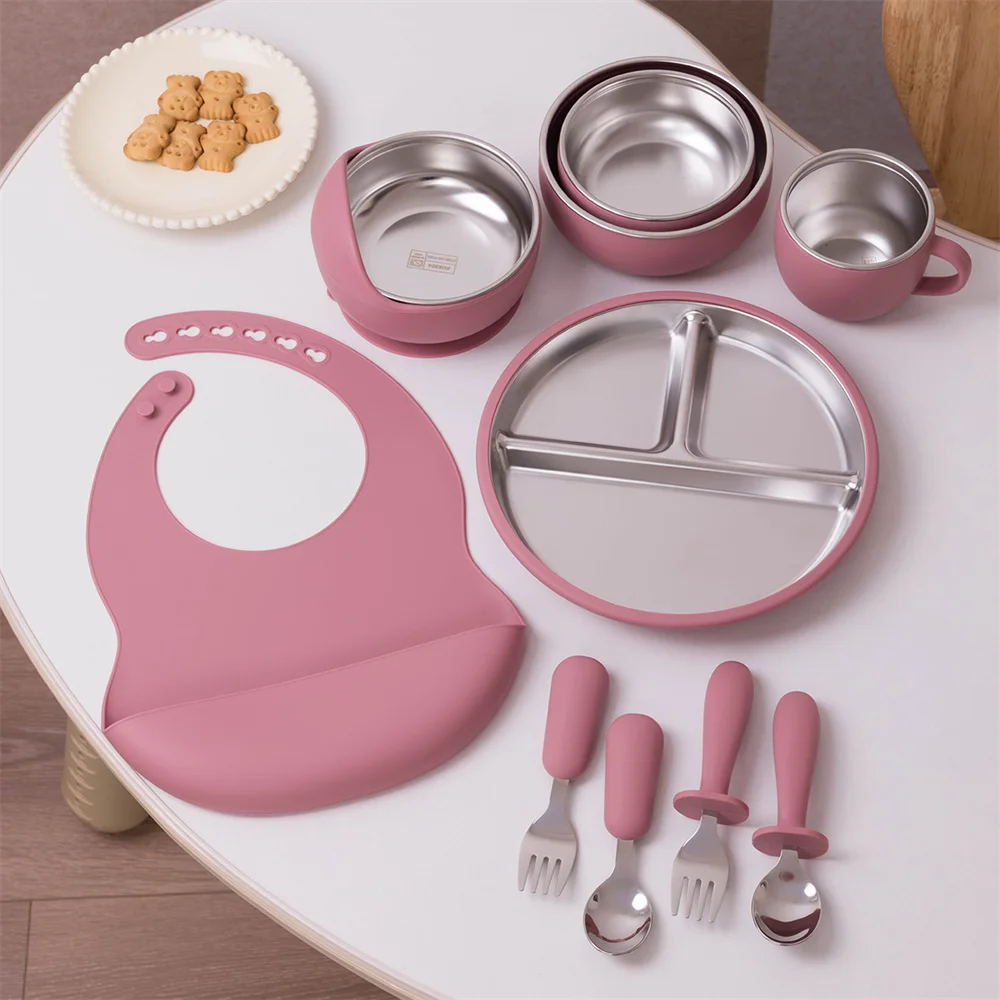 Color Kids 10PCS Infant Feeding Set Stainless Steel Silicone Tableware With Detachable Bowl Plate Bib Weaning Utensils For Baby