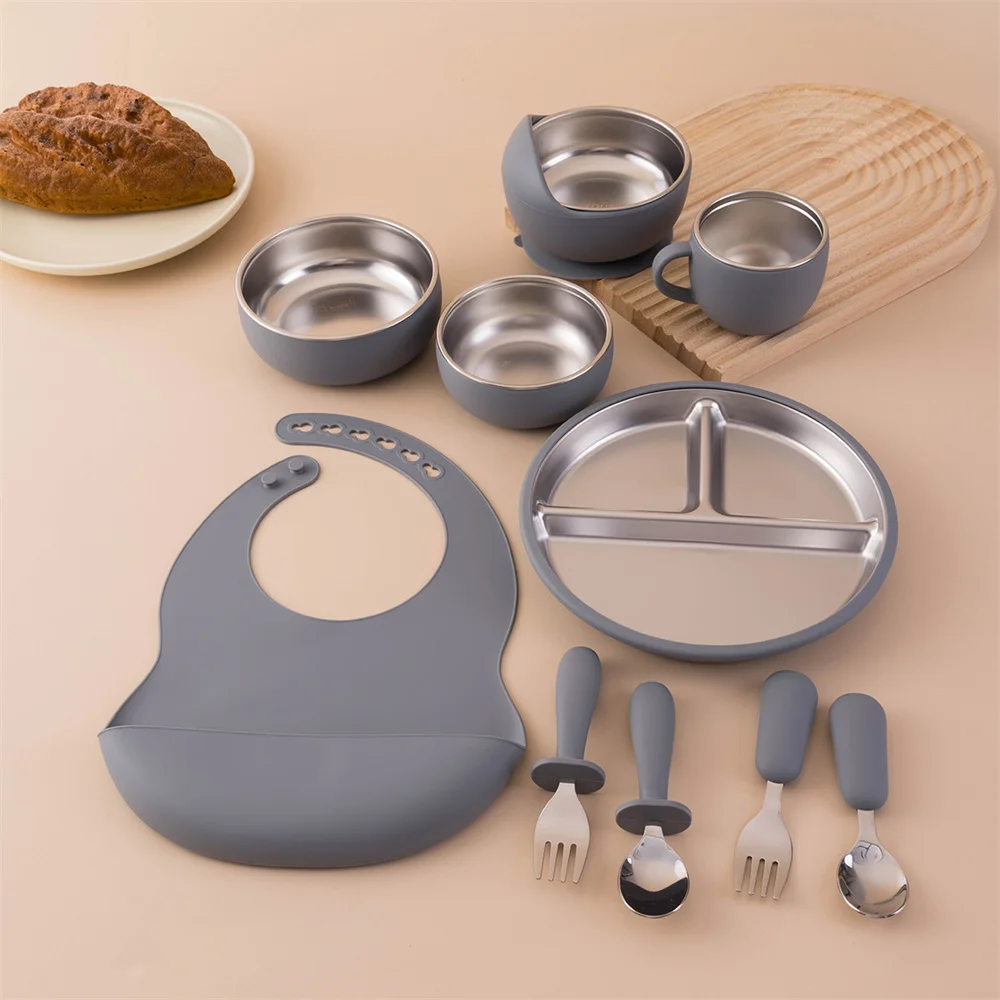 Color Kids 10PCS Infant Feeding Set Stainless Steel Silicone Tableware With Detachable Bowl Plate Bib Weaning Utensils For Baby