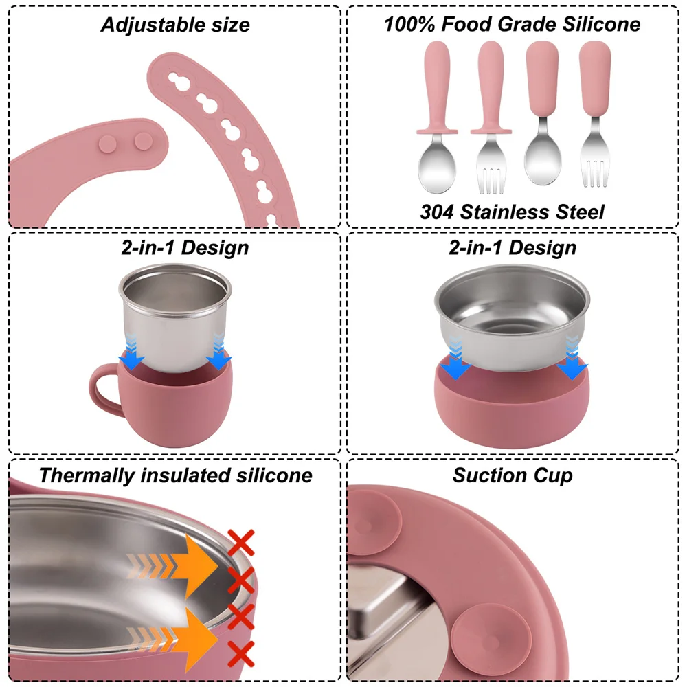 Color Kids 10PCS Infant Feeding Set Stainless Steel Silicone Tableware With Detachable Bowl Plate Bib Weaning Utensils For Baby