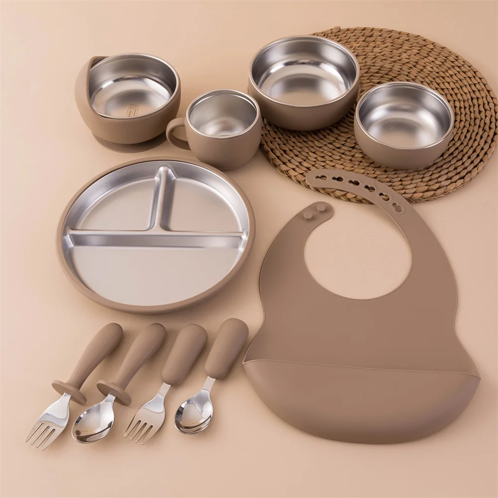 Color Kids 10PCS Infant Feeding Set Stainless Steel Silicone Tableware With Detachable Bowl Plate Bib Weaning Utensils For Baby