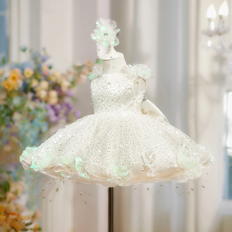 Pearl Flower Dress Children's Princess Dress European and American Style Sequin Pearl Flower Girls Party Playing White Dress
