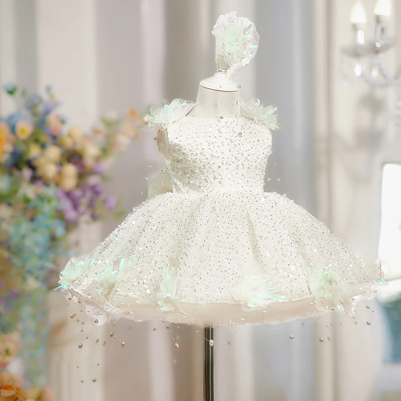 Pearl Flower Dress Children's Princess Dress European and American Style Sequin Pearl Flower Girls Party Playing White Dress