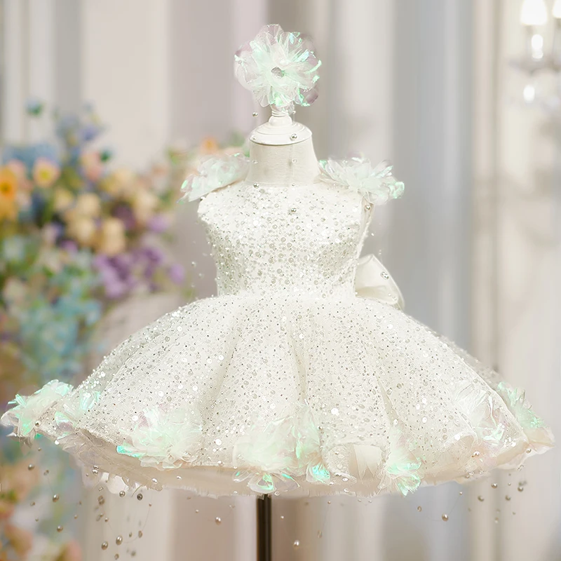 Pearl Flower Dress Children's Princess Dress European and American Style Sequin Pearl Flower Girls Party Playing White Dress