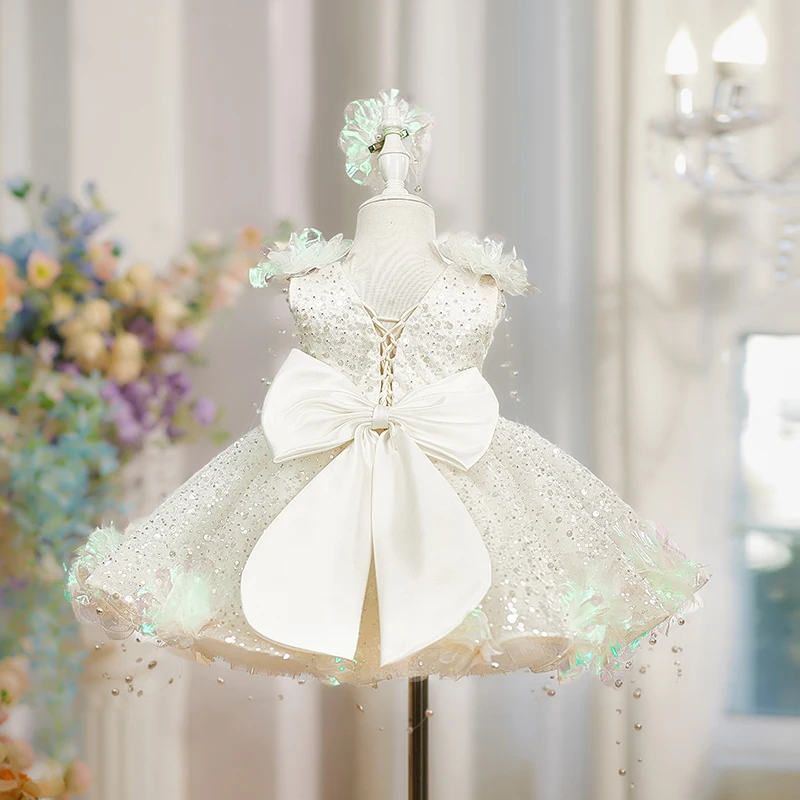 Pearl Flower Dress Children's Princess Dress European and American Style Sequin Pearl Flower Girls Party Playing White Dress