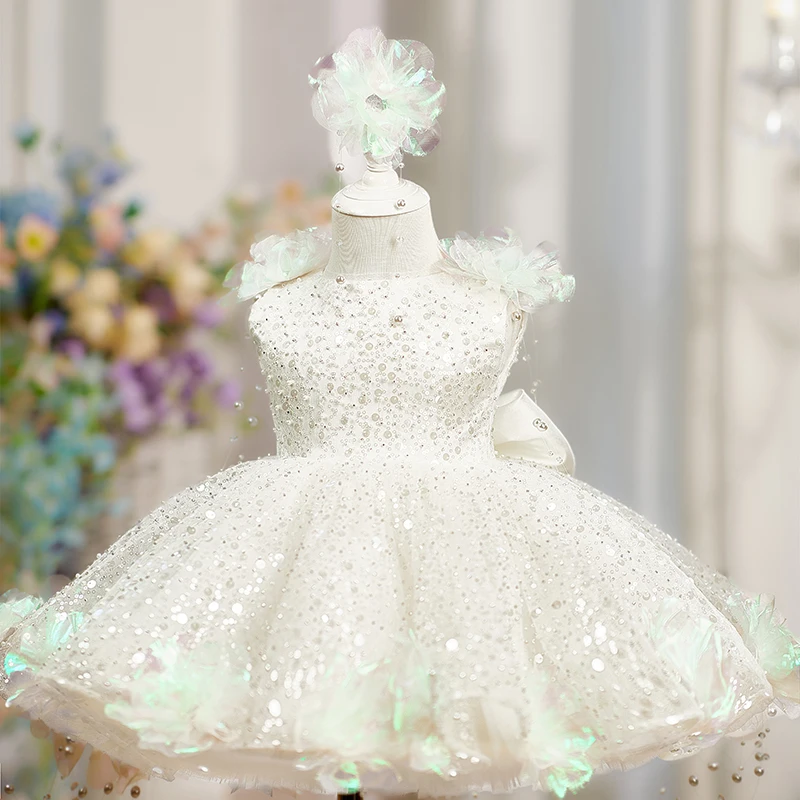 Pearl Flower Dress Children's Princess Dress European and American Style Sequin Pearl Flower Girls Party Playing White Dress