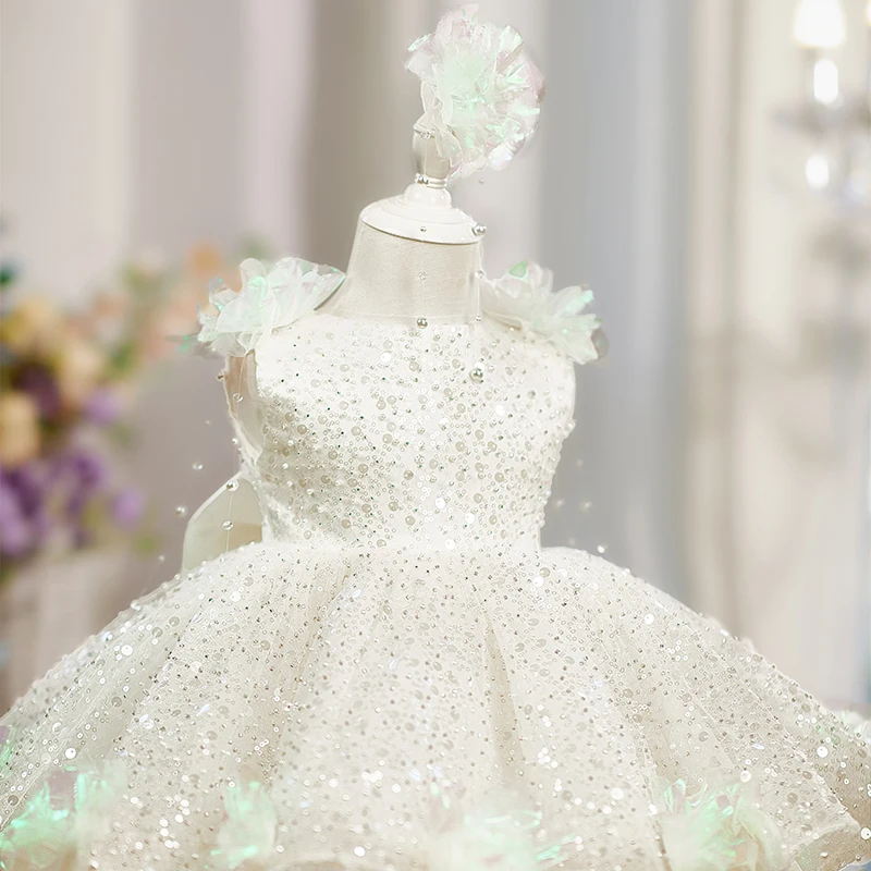 Pearl Flower Dress Children's Princess Dress European and American Style Sequin Pearl Flower Girls Party Playing White Dress