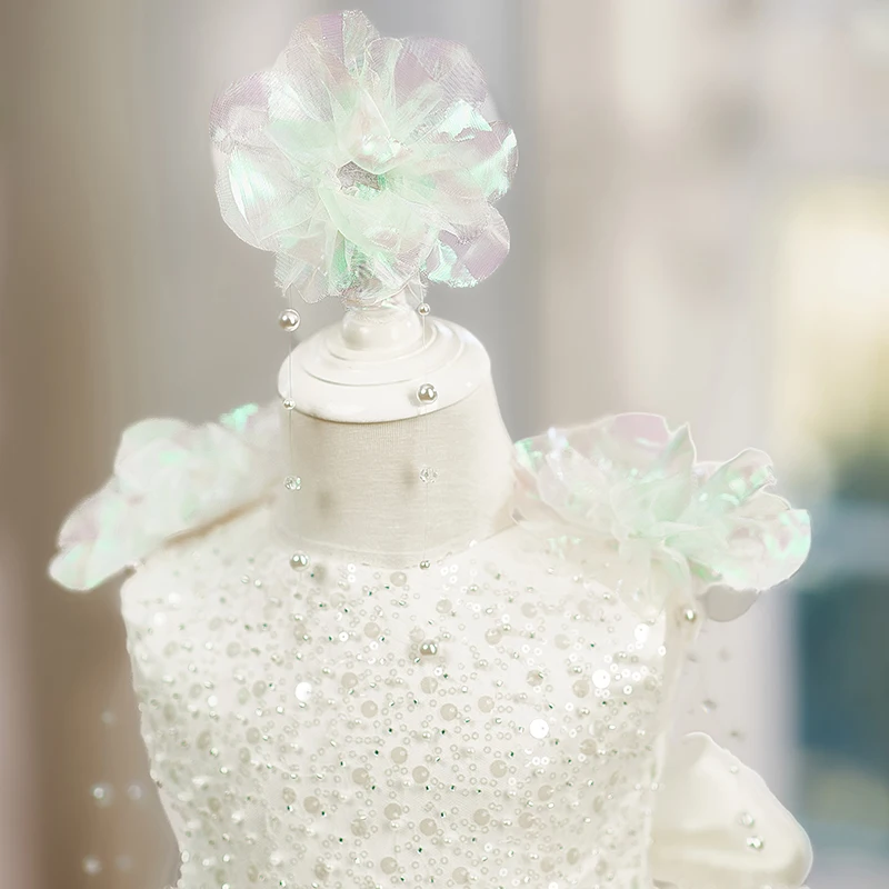 Pearl Flower Dress Children's Princess Dress European and American Style Sequin Pearl Flower Girls Party Playing White Dress