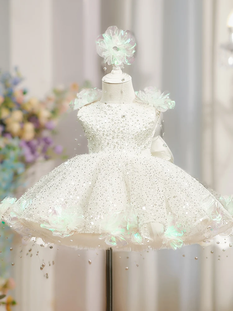 Pearl Flower Dress Children's Princess Dress European and American Style Sequin Pearl Flower Girls Party Playing White Dress