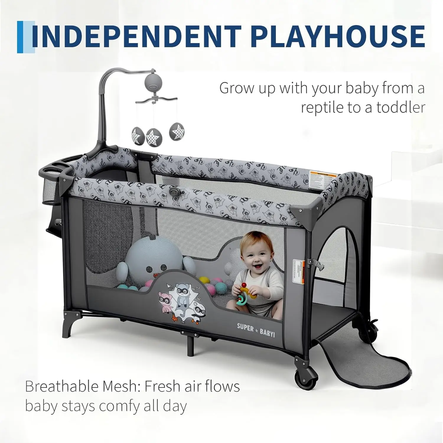 5 In 1 Foldable Baby Bedside Sleeper with Bassinet Diaper Changer Mattress Hanging Toys Quick-Fold Infant Crib From for Newborn