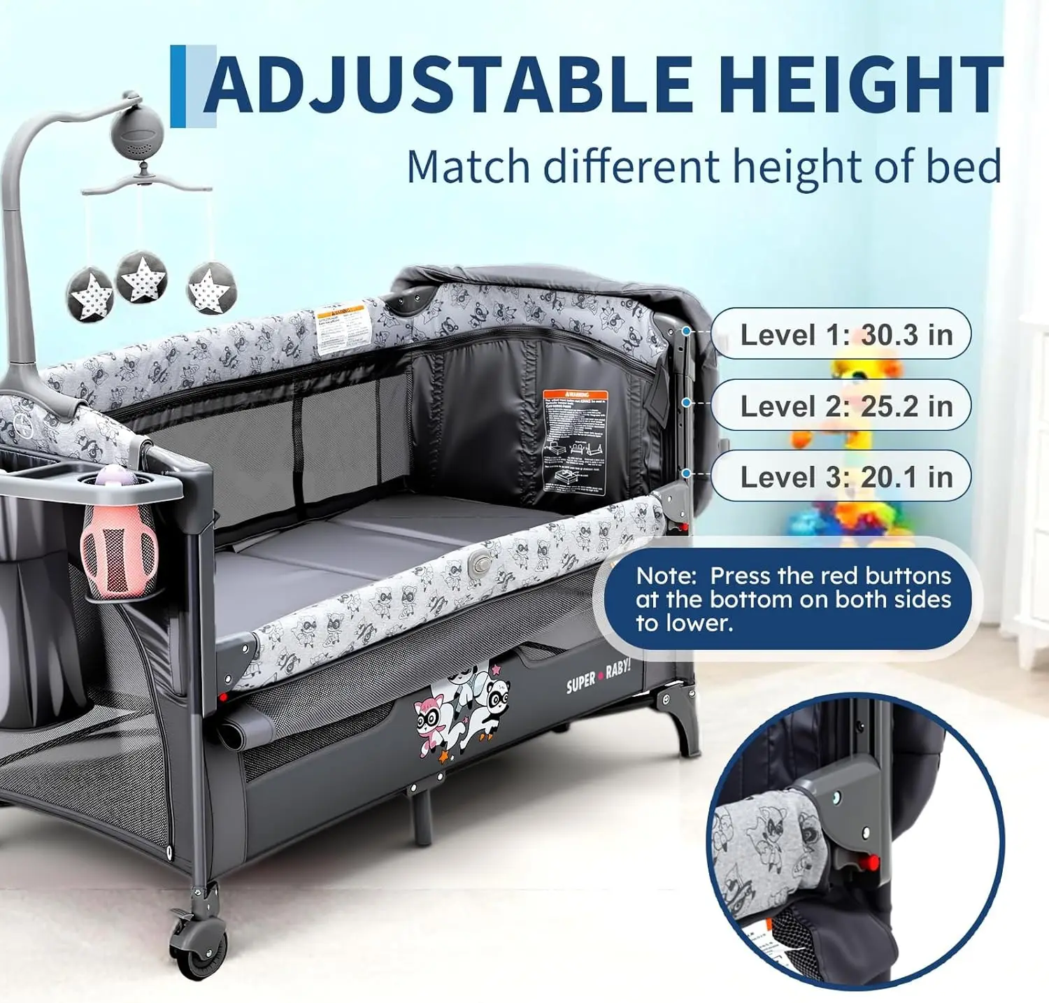 5 In 1 Foldable Baby Bedside Sleeper with Bassinet Diaper Changer Mattress Hanging Toys Quick-Fold Infant Crib From for Newborn