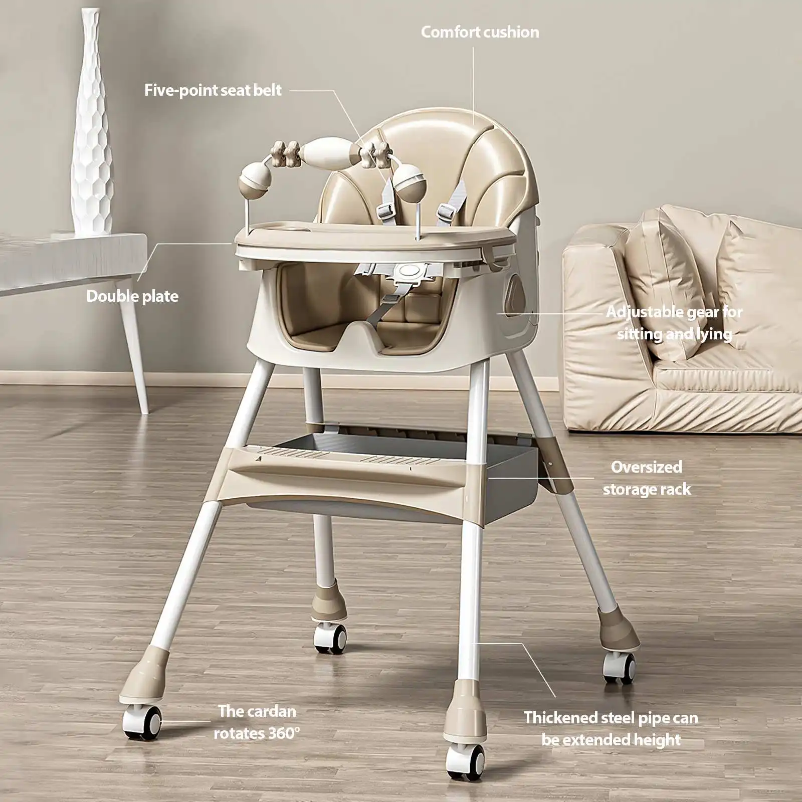 OWJHE Multi-functional folding Baby Seat Toddler Eating Chair Baby High Chair for Dinner Baby Feeding Chair with 4 Wheels