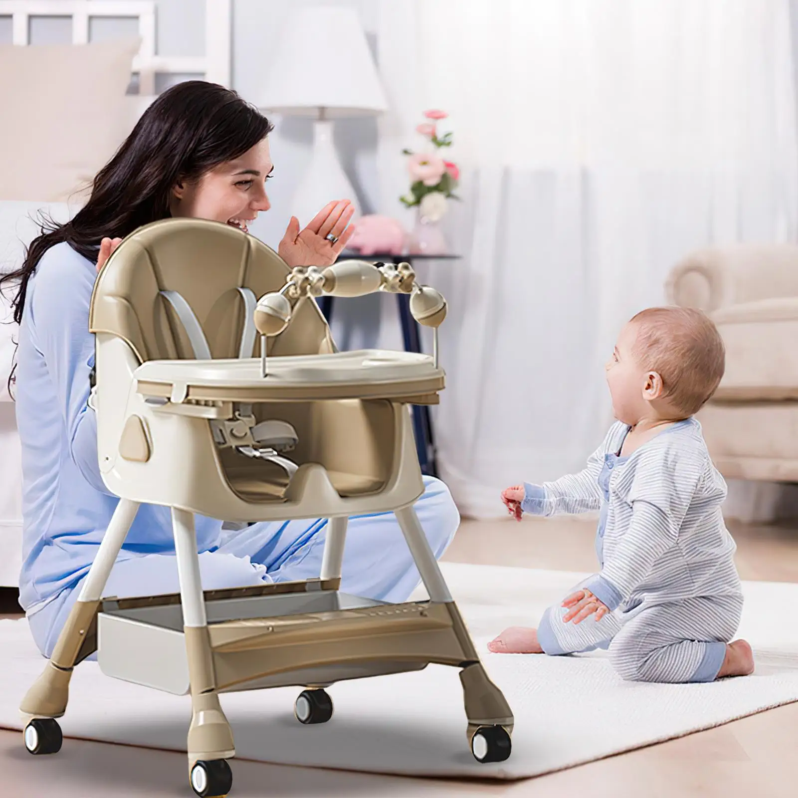 OWJHE Multi-functional folding Baby Seat Toddler Eating Chair Baby High Chair for Dinner Baby Feeding Chair with 4 Wheels