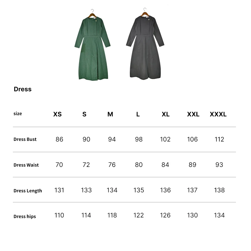 Autumn Winter Women's Woven Denim Wrap Dress with Side Pockets Grey and Green Long Sleeves Round-Neck Casual Maxi Dress
