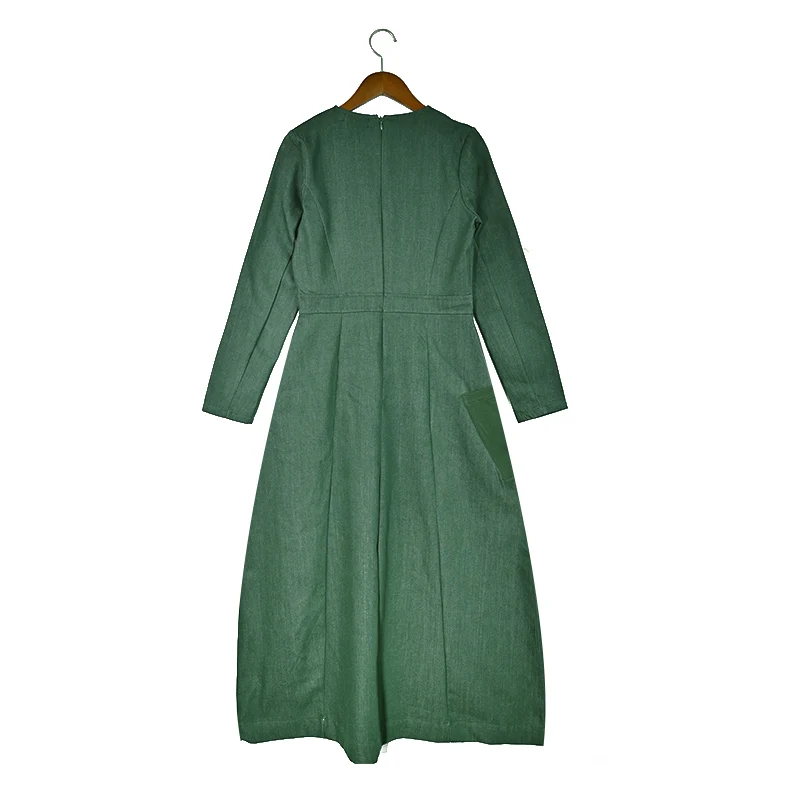 Autumn Winter Women's Woven Denim Wrap Dress with Side Pockets Grey and Green Long Sleeves Round-Neck Casual Maxi Dress
