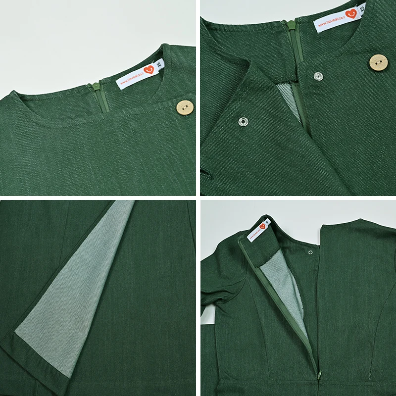Autumn Winter Women's Woven Denim Wrap Dress with Side Pockets Grey and Green Long Sleeves Round-Neck Casual Maxi Dress