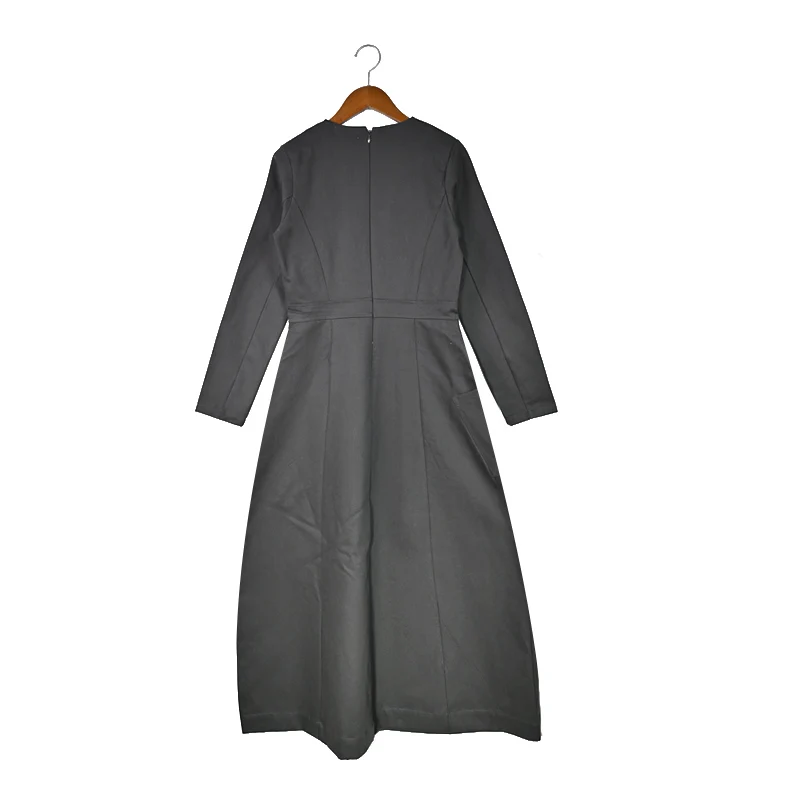 Autumn Winter Women's Woven Denim Wrap Dress with Side Pockets Grey and Green Long Sleeves Round-Neck Casual Maxi Dress