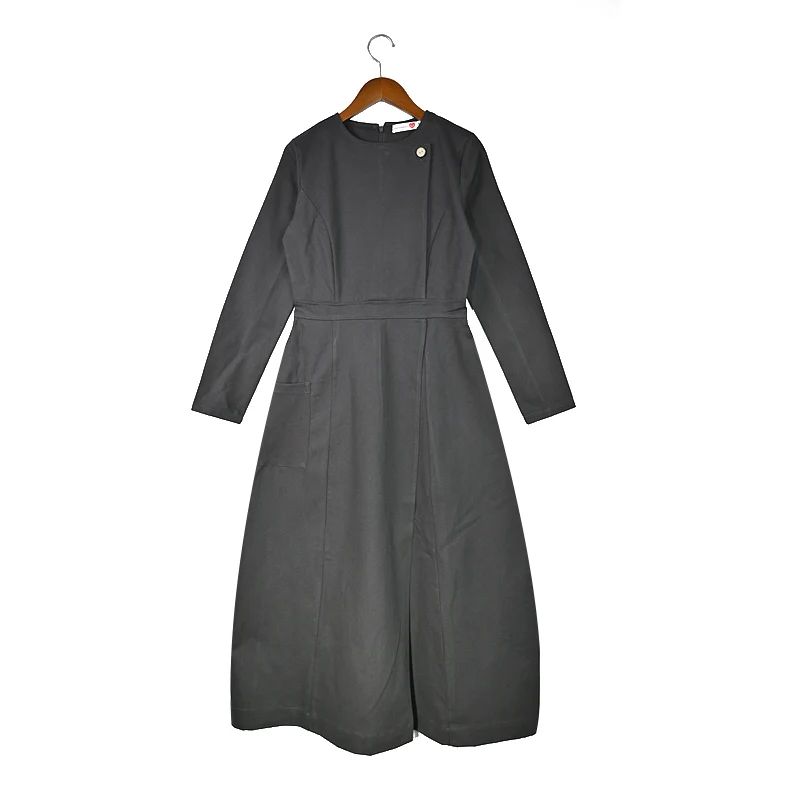 Autumn Winter Women's Woven Denim Wrap Dress with Side Pockets Grey and Green Long Sleeves Round-Neck Casual Maxi Dress