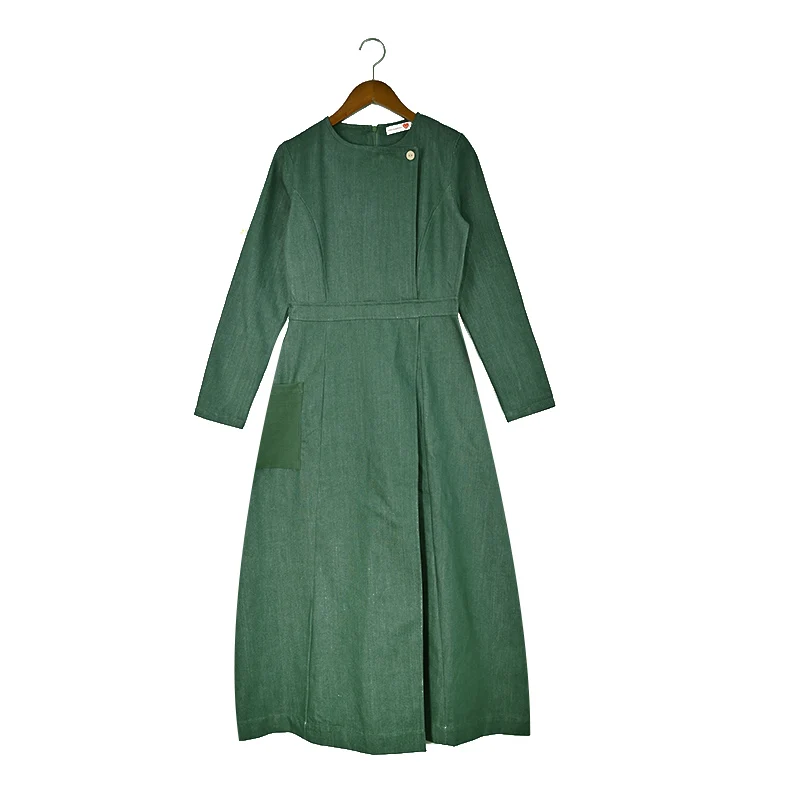 Autumn Winter Women's Woven Denim Wrap Dress with Side Pockets Grey and Green Long Sleeves Round-Neck Casual Maxi Dress