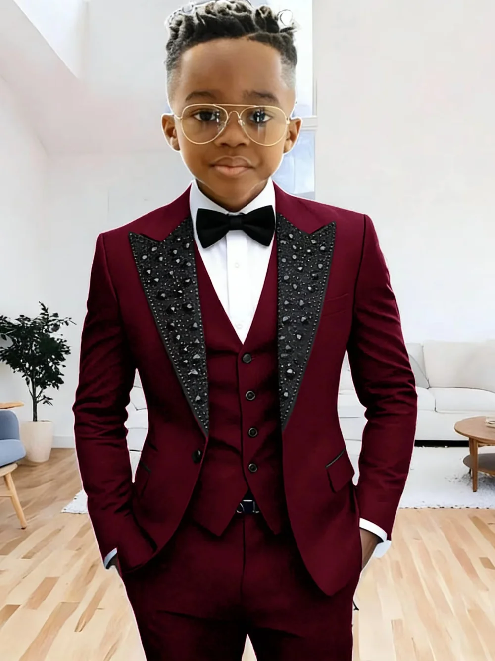 Boys Luxury Beaded Suit Set 3 Pieces For Evening Party High Quality Peak Lapel Suits Piano Performance Wear Elegant Plus Size