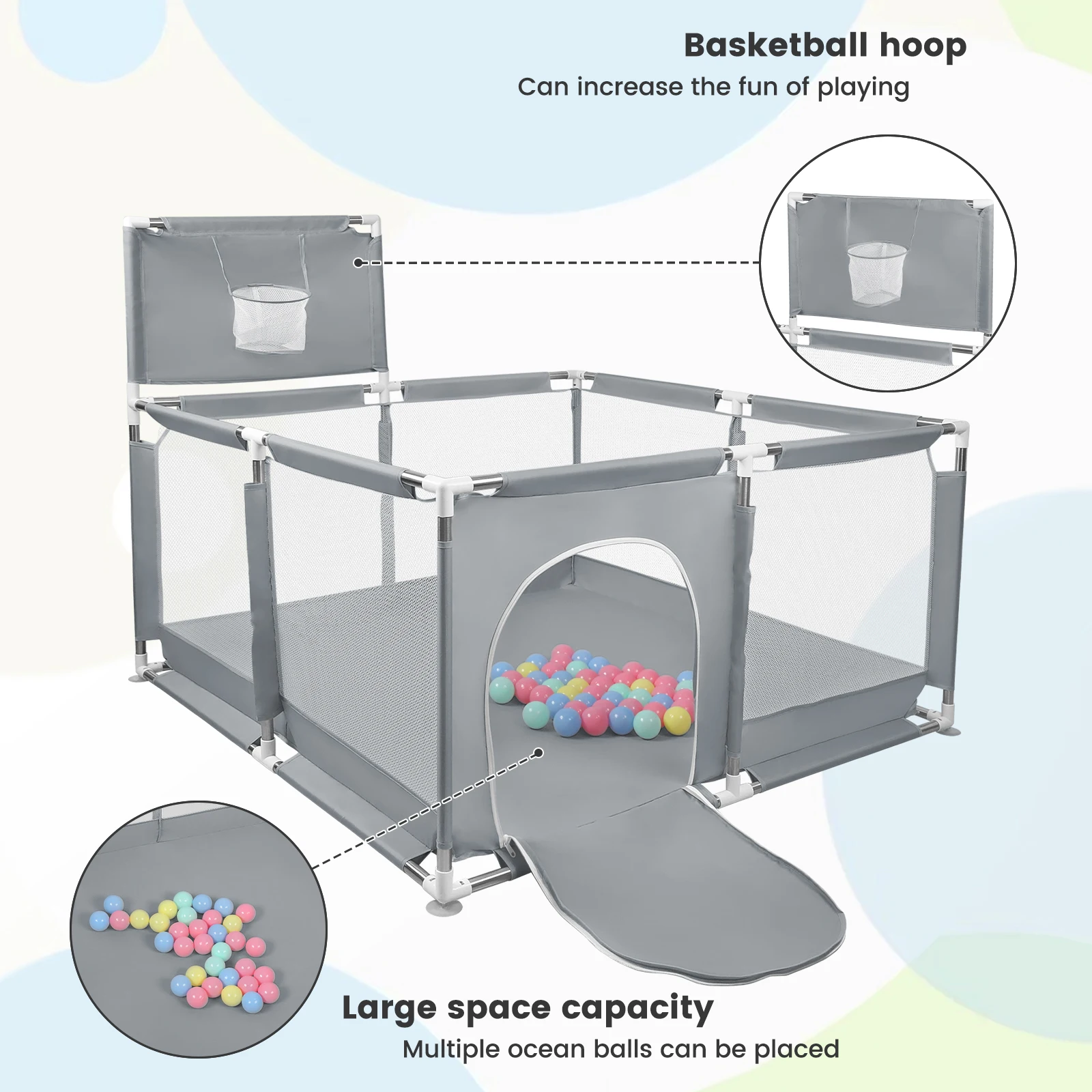 Baby Playpen, Children's Playpen, Baby Ball Pit, with Basketball Hoop, 126x126x66cm and as a Walking Aid