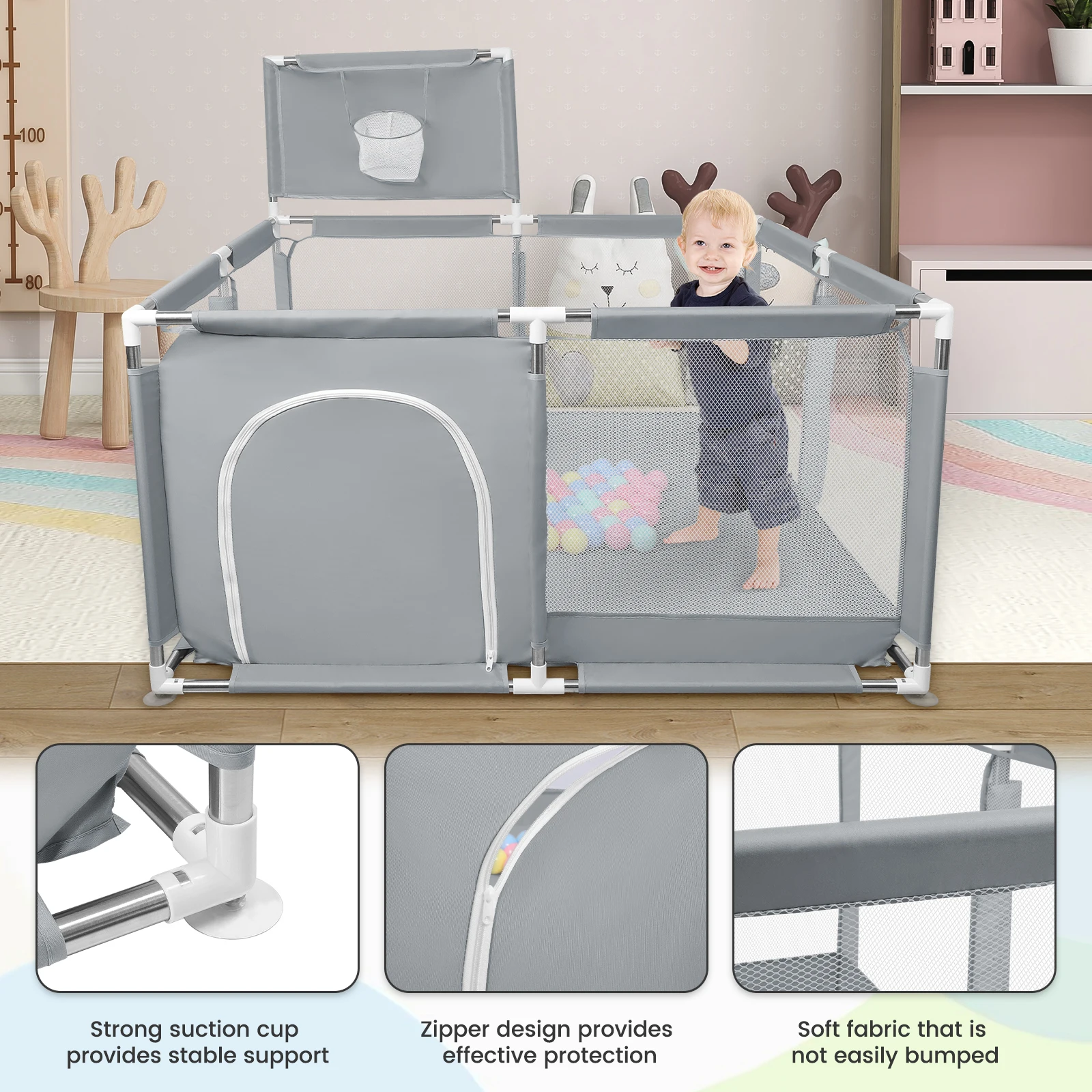 Baby Playpen, Children's Playpen, Baby Ball Pit, with Basketball Hoop, 126x126x66cm and as a Walking Aid