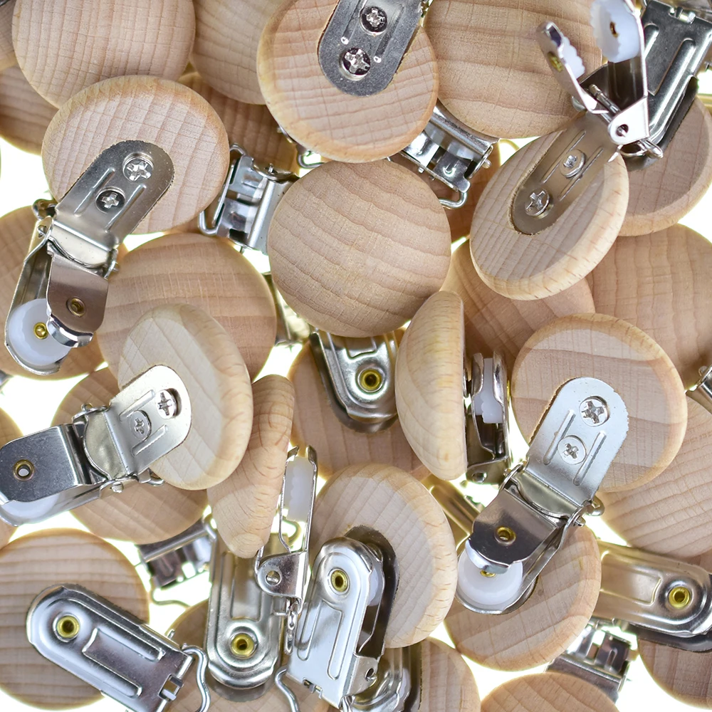 Mabochewing 50pcs Beech Wood Clips Round Clamp Style DIY Pacifier Chain Necklace Bracelet Accessories