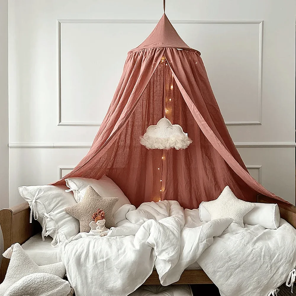 Kids Bed Canopy Cotton Linen Cover Net Baby Crib Reading Nook Curtain Nursery Room Decor Hideaway Hanging Round Tent