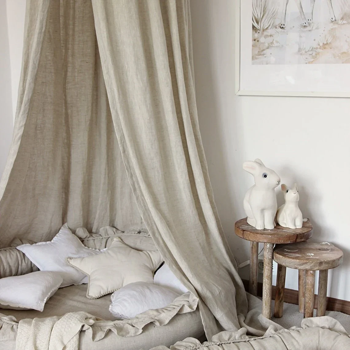 Kids Bed Canopy Cotton Linen Cover Net Baby Crib Reading Nook Curtain Nursery Room Decor Hideaway Hanging Round Tent