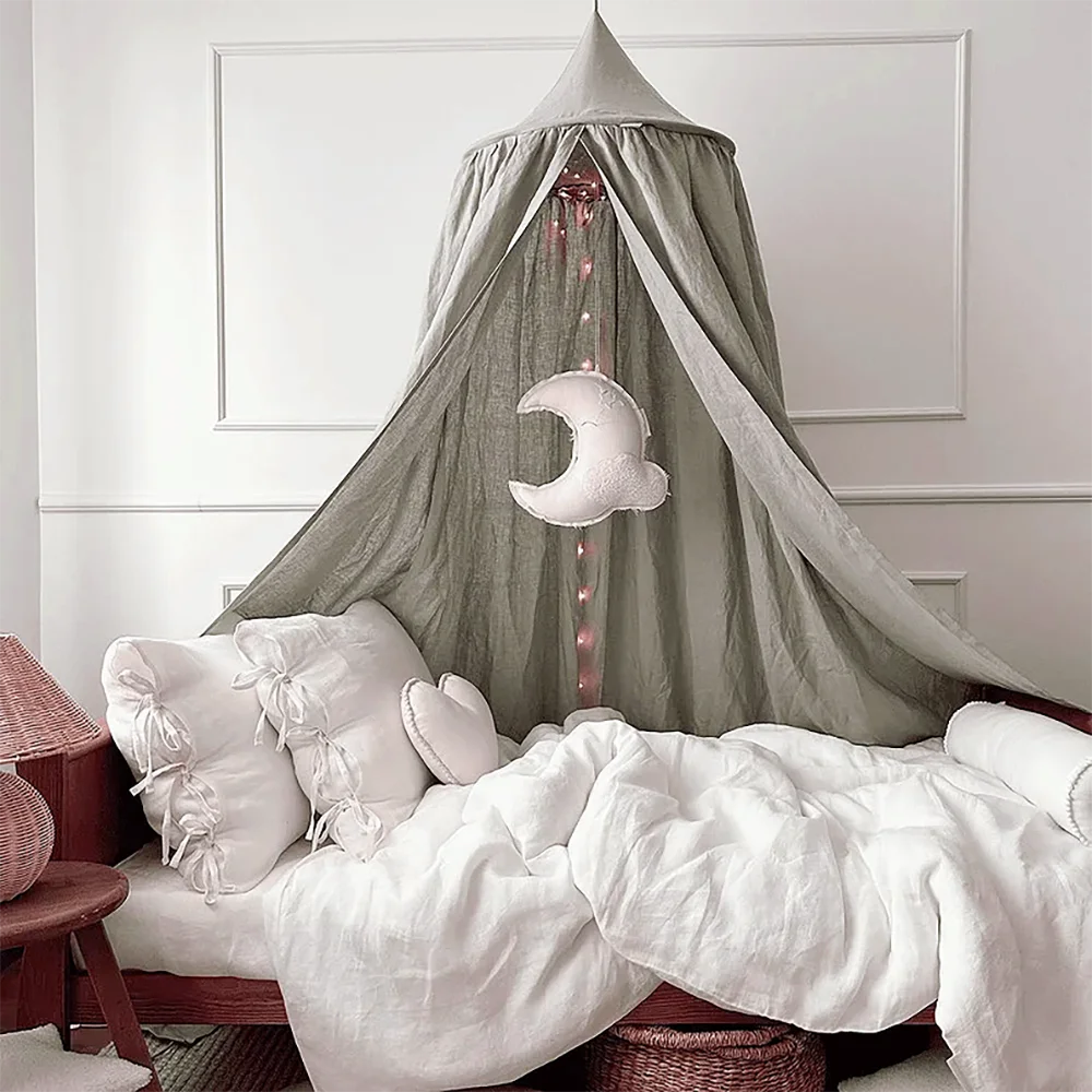 Kids Bed Canopy Cotton Linen Cover Net Baby Crib Reading Nook Curtain Nursery Room Decor Hideaway Hanging Round Tent