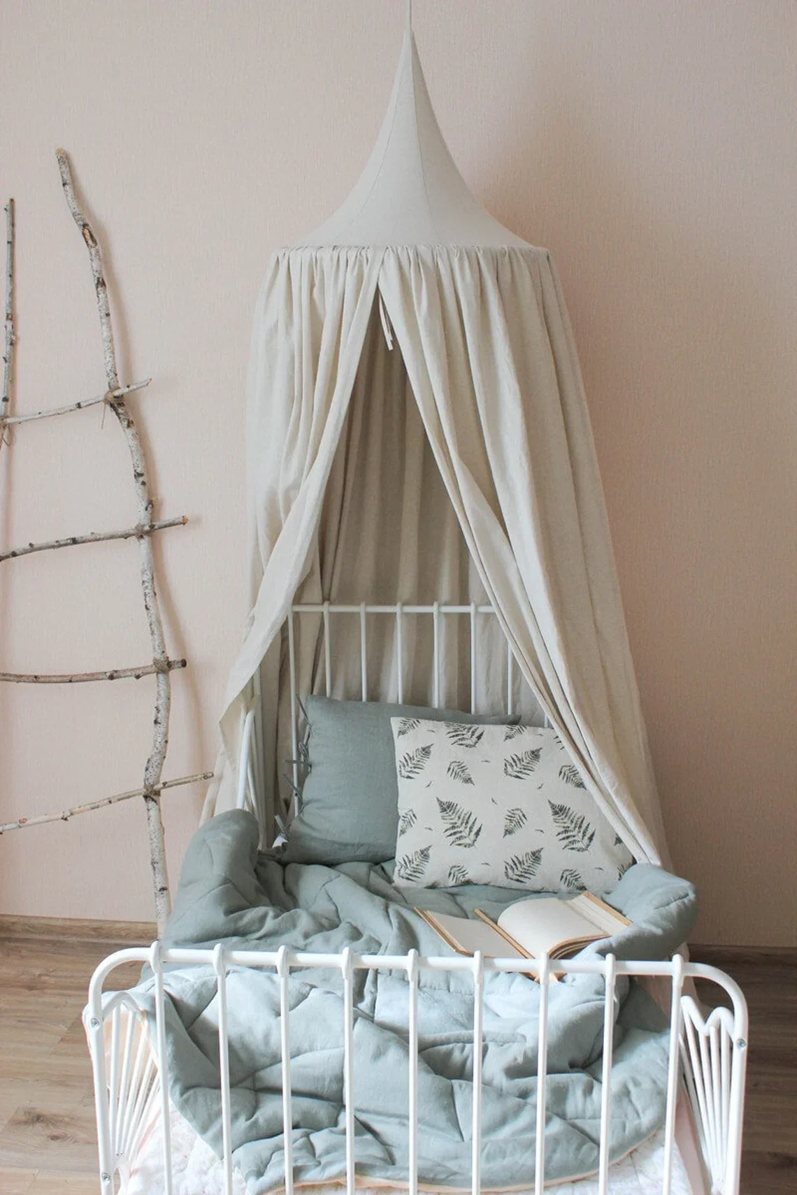Kids Bed Canopy Cotton Linen Cover Net Baby Crib Reading Nook Curtain Nursery Room Decor Hideaway Hanging Round Tent