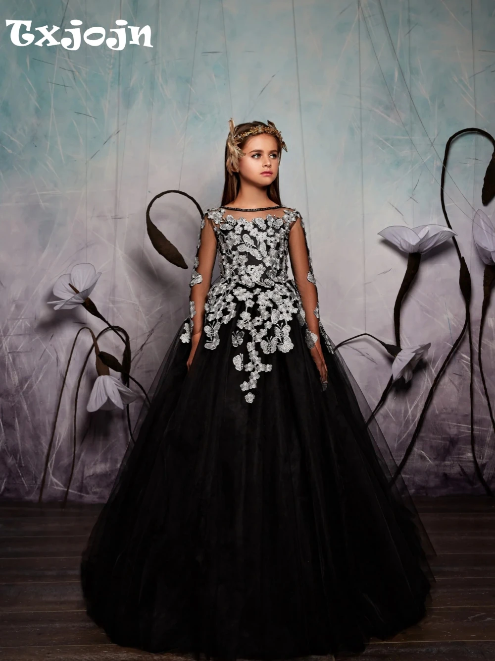 Fashionable Black Beaded Lace Appliques A-line Tulle Princess Gown Gor Girls Performance Wear Elegant Long Sleeve Kids Dresses