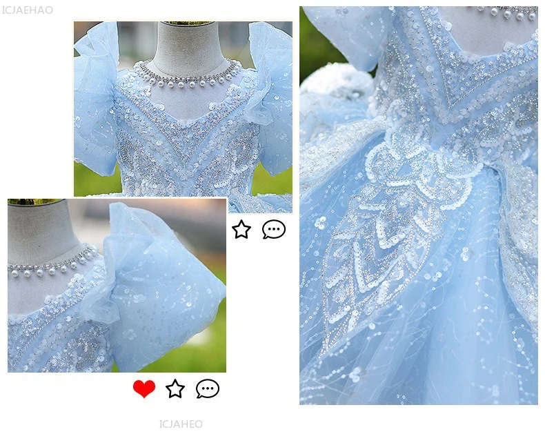 Girls Blue Party Dress Vestido Princess Gown BirthdayParty Kids Elegant Piano Recital Pageant Formal Wear Children Costumes