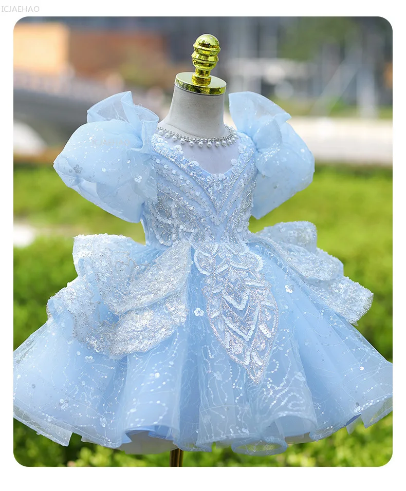 Girls Blue Party Dress Vestido Princess Gown BirthdayParty Kids Elegant Piano Recital Pageant Formal Wear Children Costumes