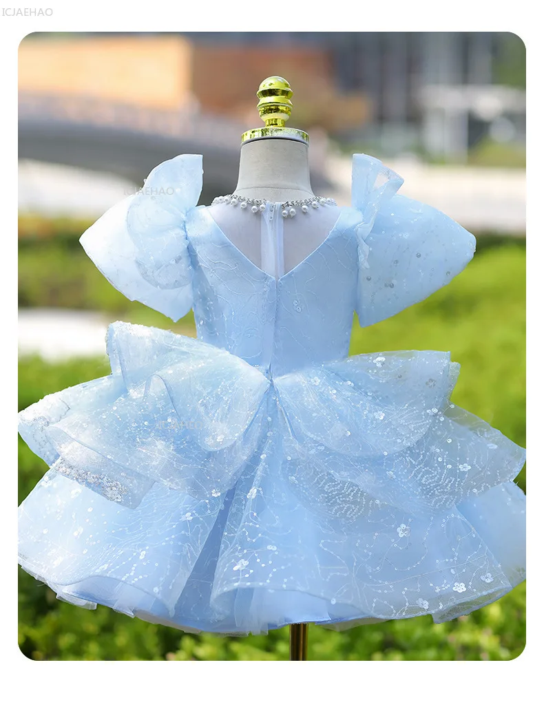 Girls Blue Party Dress Vestido Princess Gown BirthdayParty Kids Elegant Piano Recital Pageant Formal Wear Children Costumes